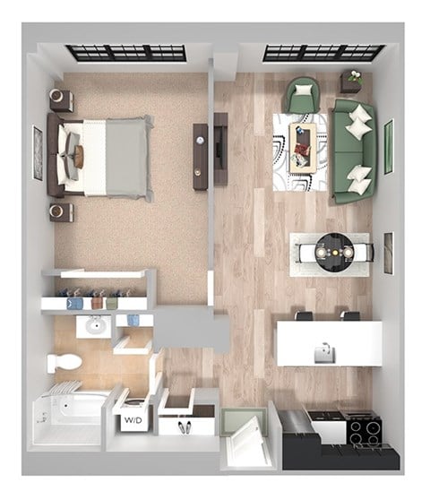 Floor plan for 1 bed, 1 bath, 665 sqft